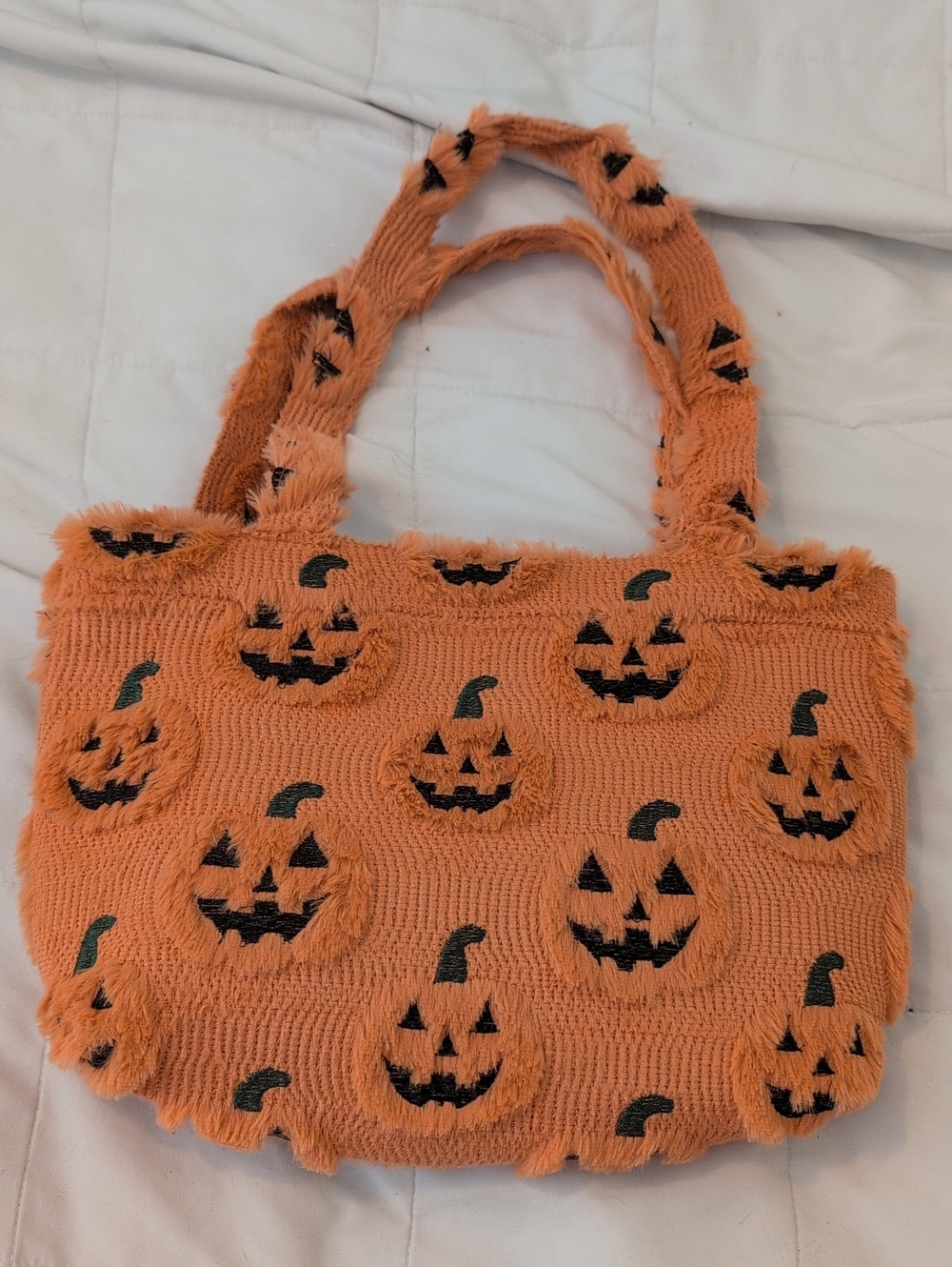 World Market Fuzzy Jack O Lantern Pumpkin Tote Bag - Picture 2 of 5